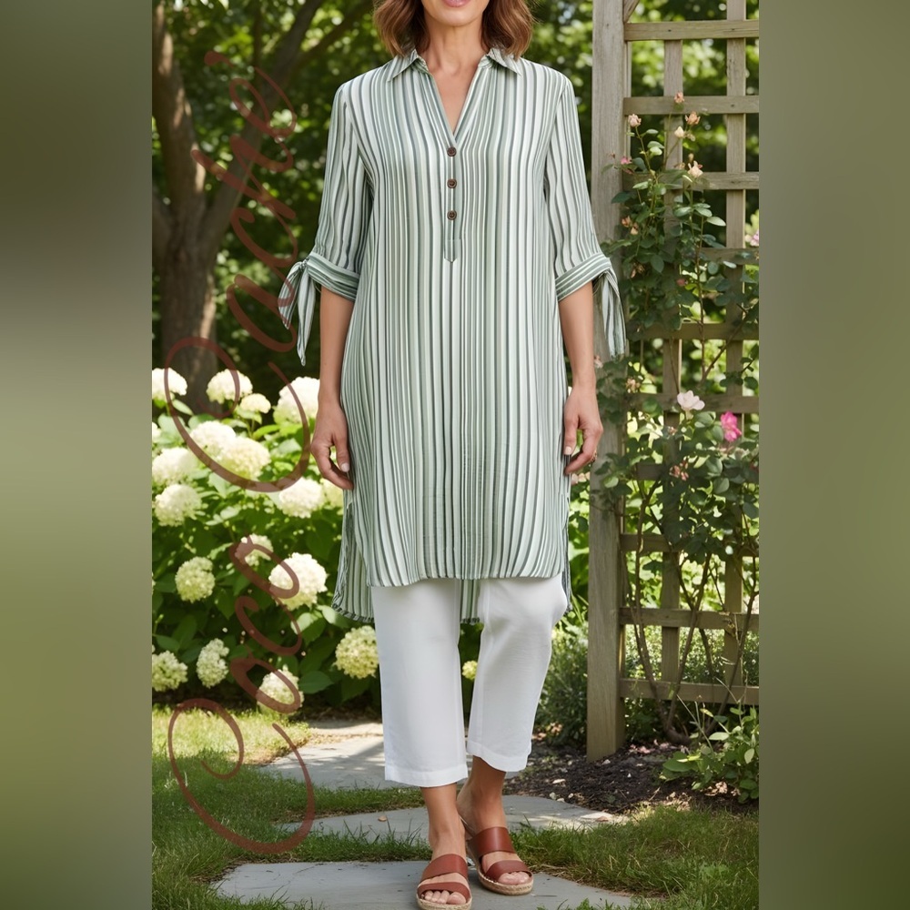 Casual Striped Green White Tunic Shirt Dress Collared V-Neckline Top